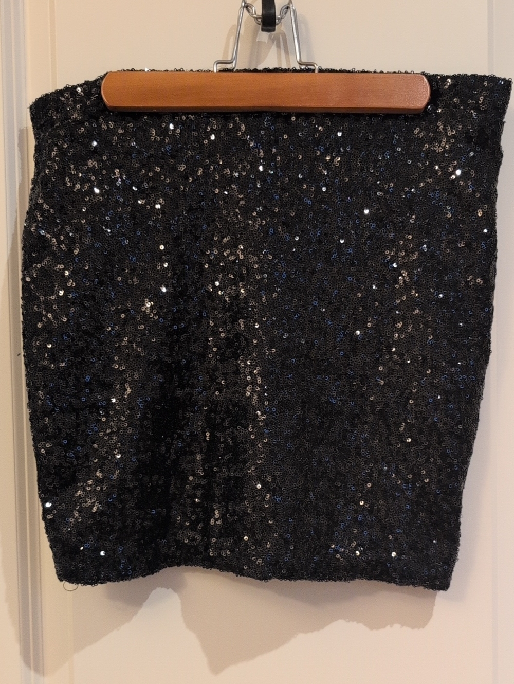 Revamped Black Sequin Mini Skirt, Lined, Zipper Back, Size M